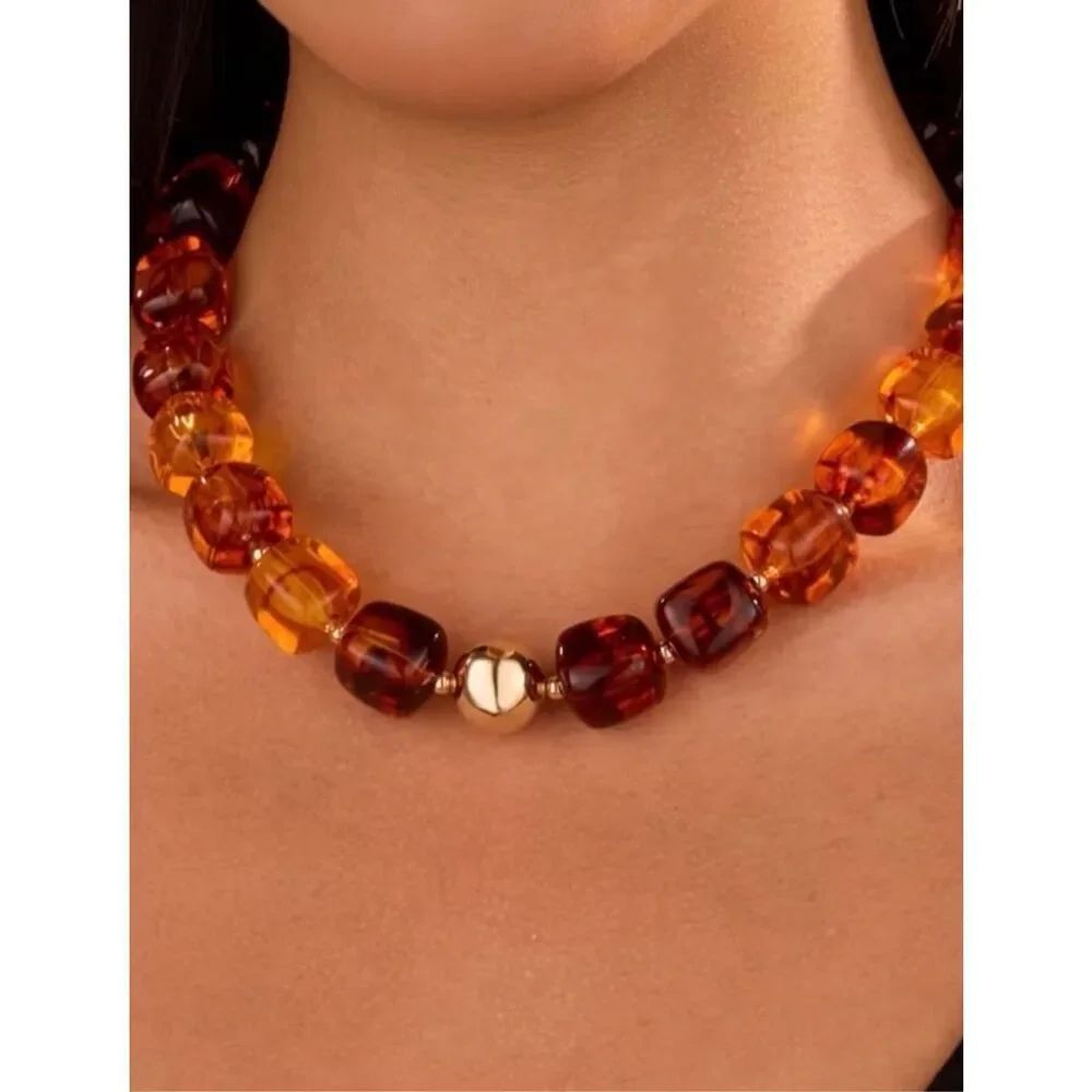 Anthropologie Amber Color Beaded Necklace Gold Accent Chunky Adjustable Bib NWOT